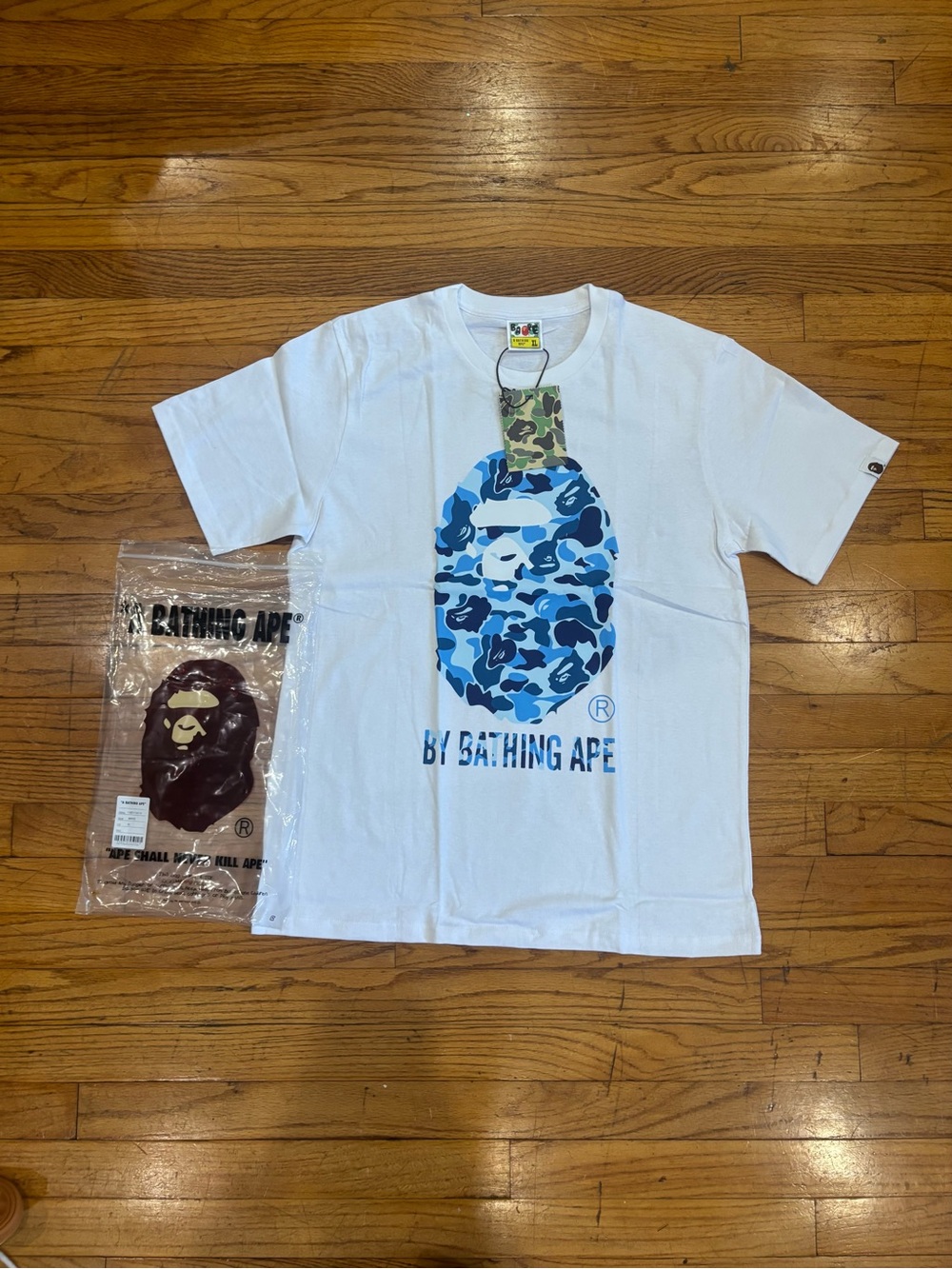A Bathing Ape White Short-Sleeve Tee with Blue Camo Ape Graphic